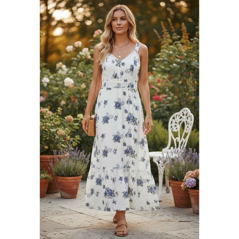 Cottagecore Floral Maxi Dress M White Blue Lace Smocked‎ Romantic Coquette